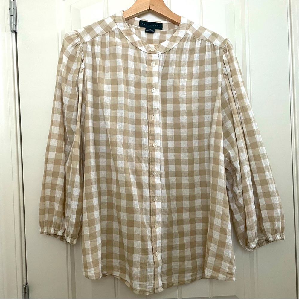 Beige and white gingham blouse